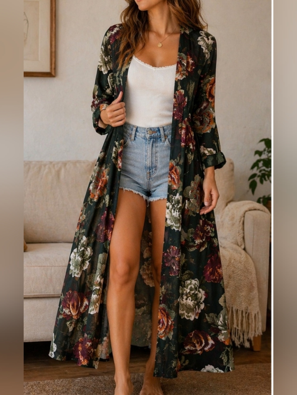 Dark Green Floral Maxi Duster Kimono